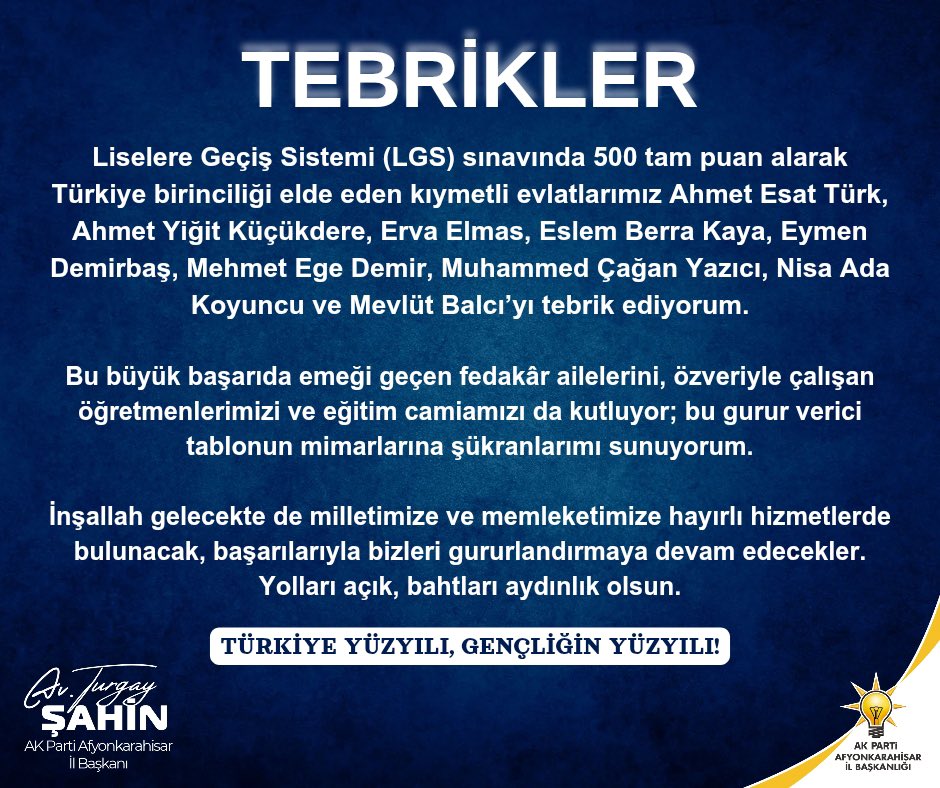 Afyonkarahisar'da LGS'de 9 Öğrenci Türkiye Birincisi Oldu