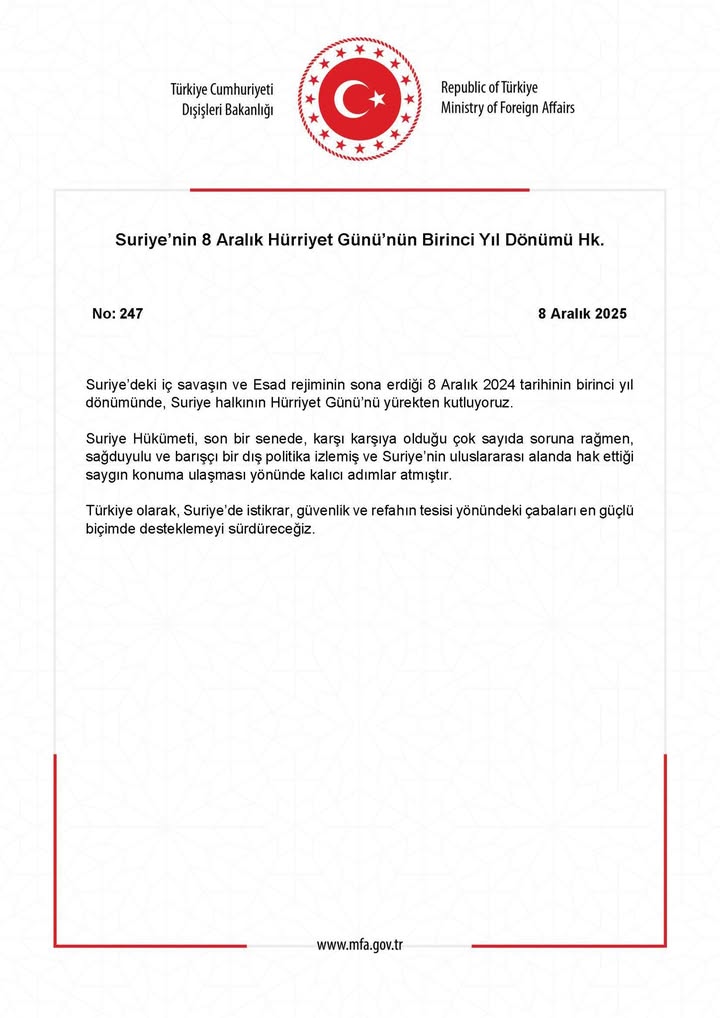 T.C. Dışişleri Bakanlığı'ndan Suriye'nin 8 Aralık Hürriyet Günü'nün Birinci Yıl Dönümü Açıklaması