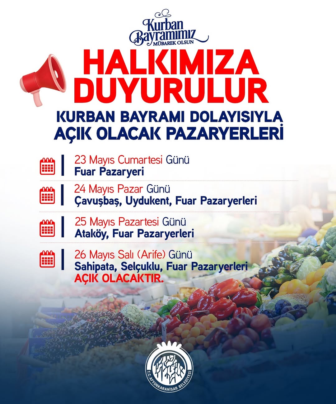 Afyonkarahisar Belediyesi'nden Kurban Bayramı Açık Pazar Yeri Duyurusu