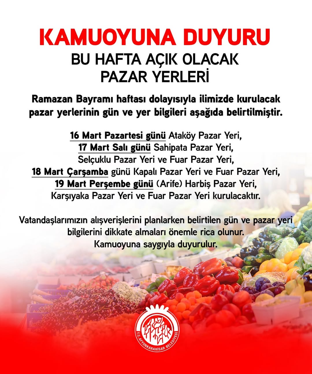 Afyonkarahisar Belediyesi Ramazan Bayramı Öncesi Pazar Yerlerini Belirledi