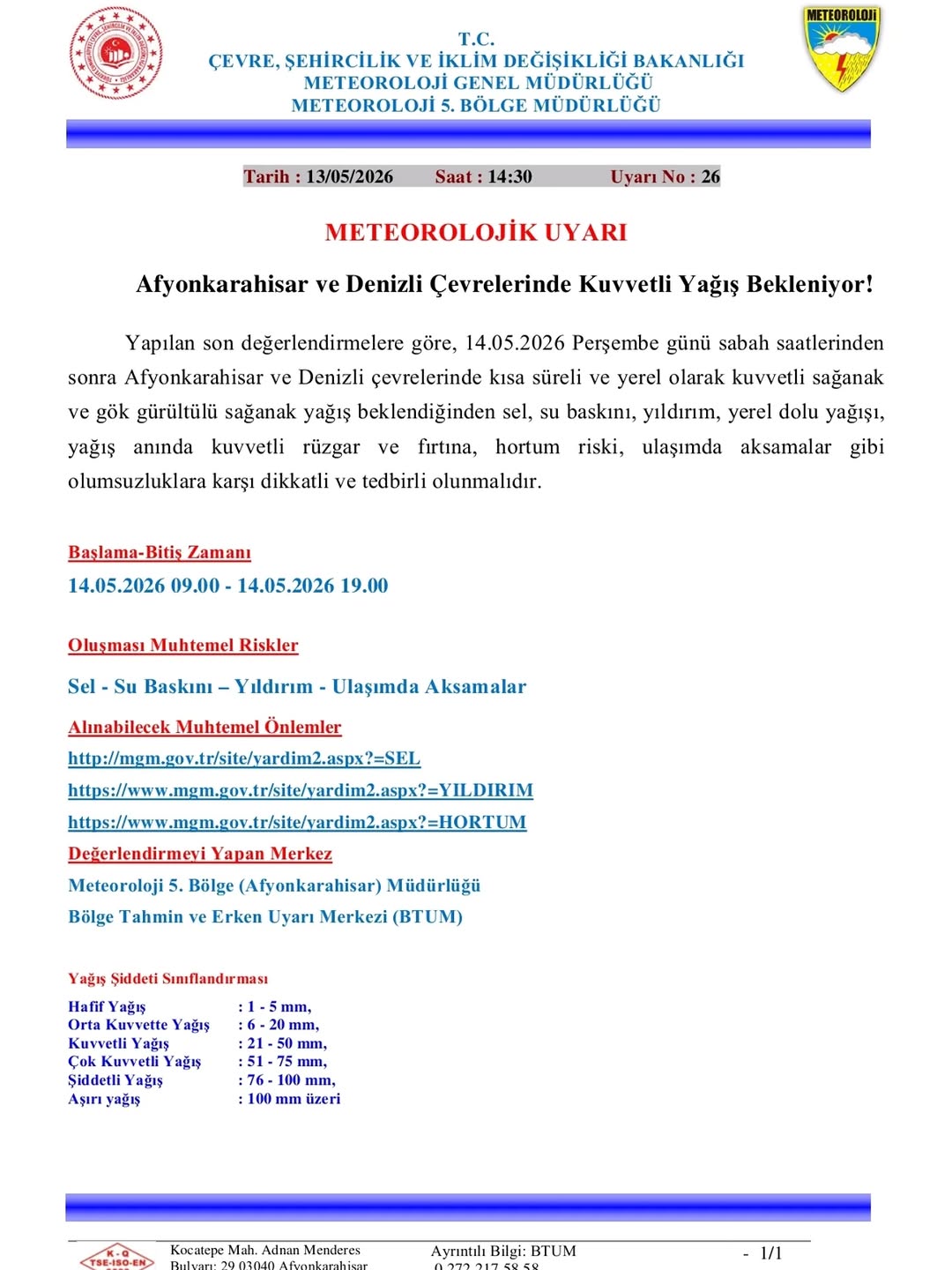 Afyonkarahisar ve Denizli Çevrelerinde Kuvvetli Yağış Uyarısı