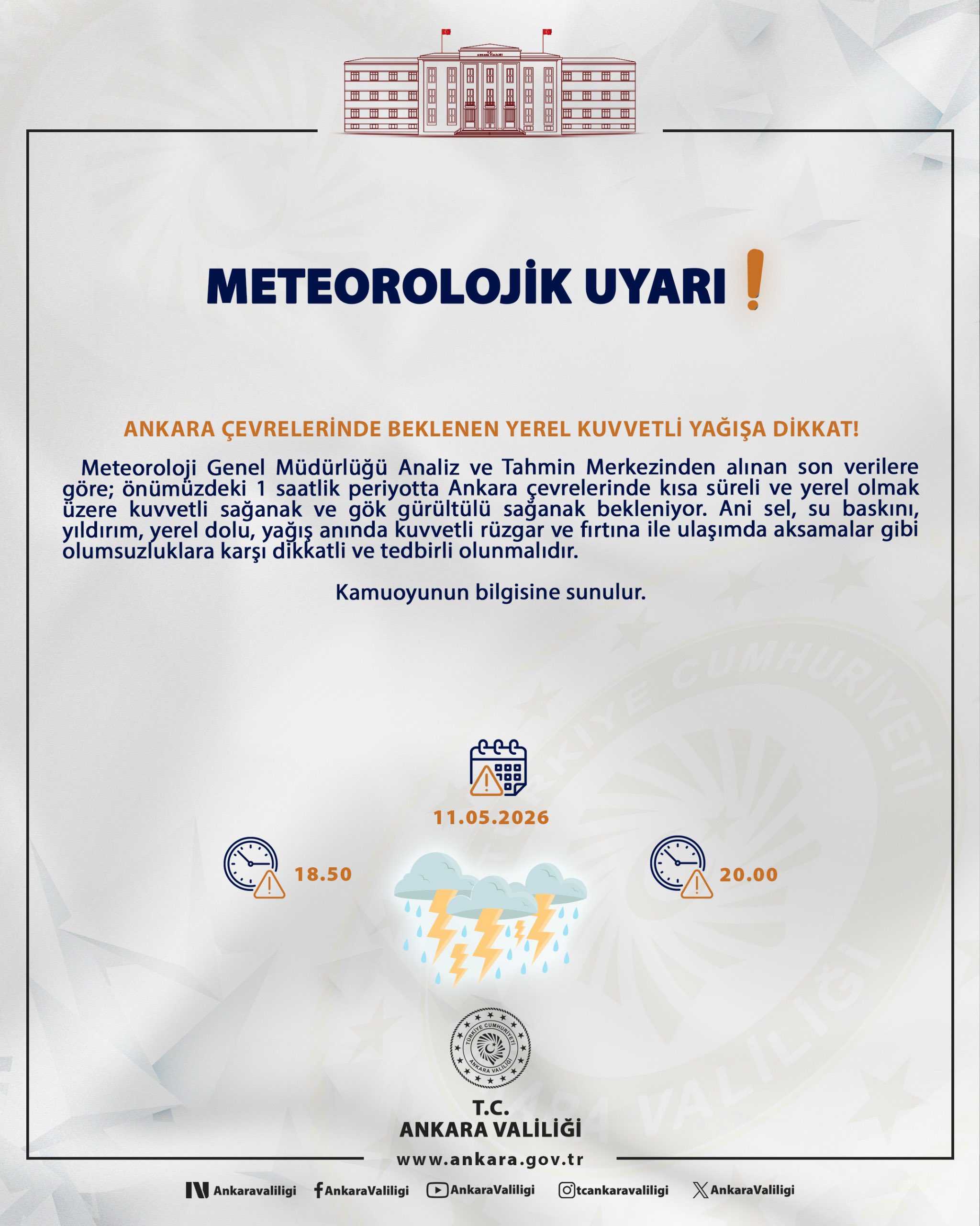 Ankara'da Yerel Şiddetli Yağış Uyarısı
