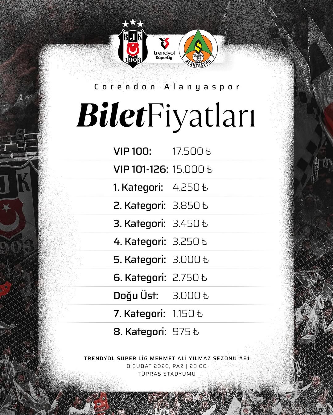 Beşiktaş, Corendon Alanyaspor Maçı Biletleri Hakkında Bilgilendirme