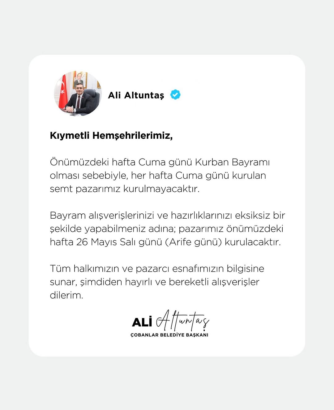 Çobanlar Belediye Başkanı Ali Altuntaş'tan Kıymetli Hemşehrilerimize Duyuru