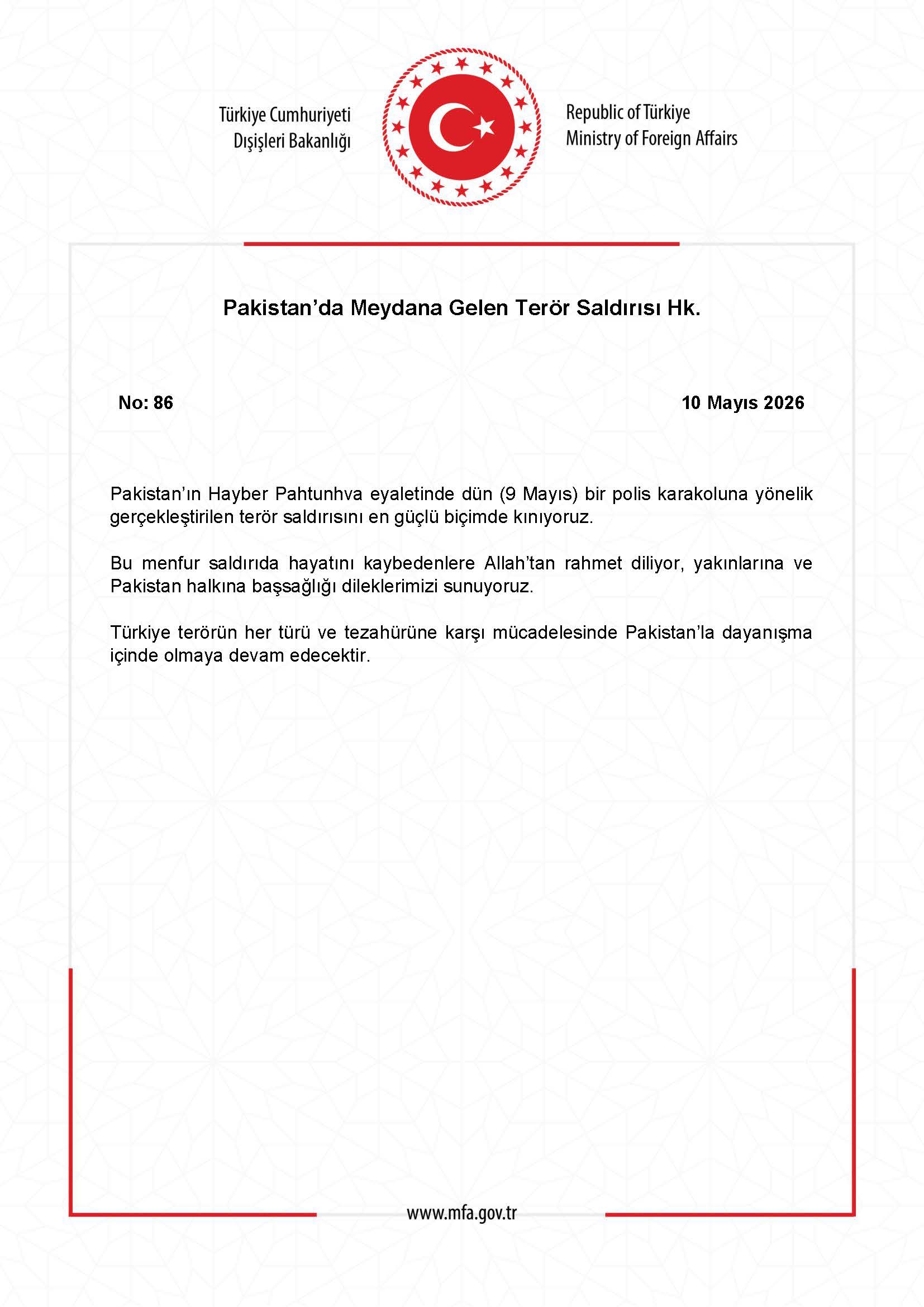 Pakistan'daki Terör Saldırısı Hakkında Açıklama