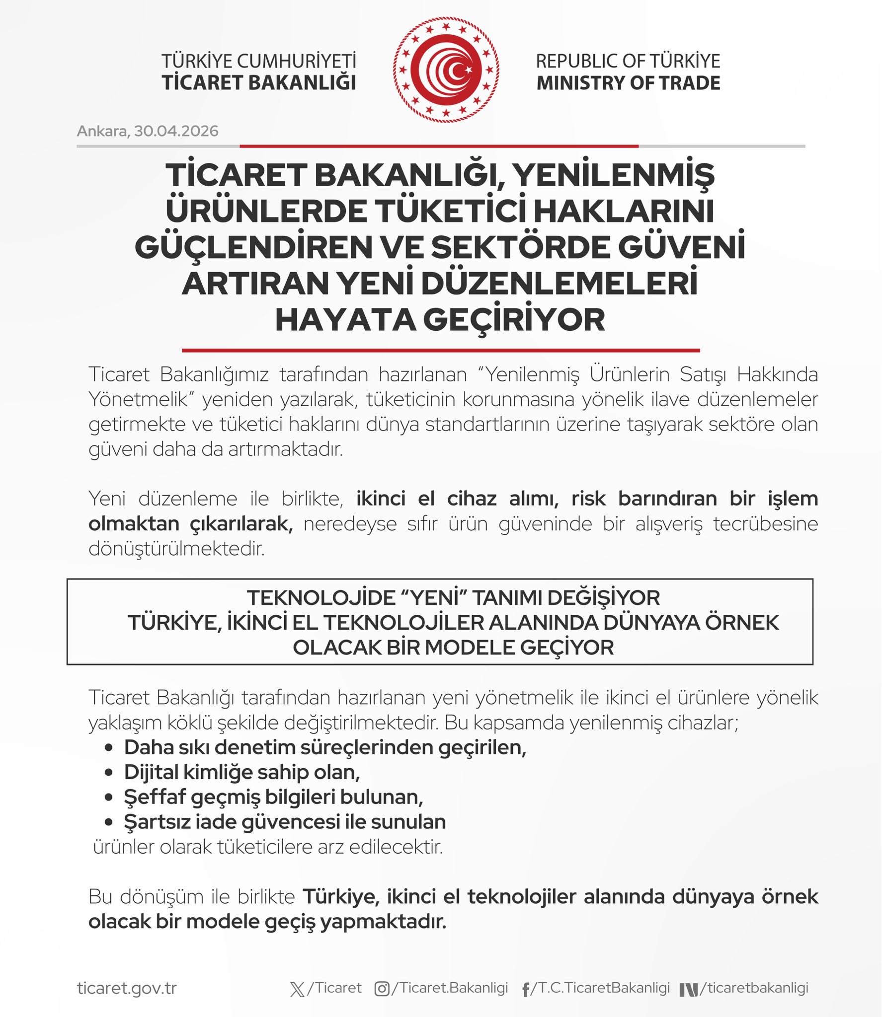 Ticaret Bakanlığı Yenilenmiş Ürünlerde Tüketici Haklarını Güçlendirdi