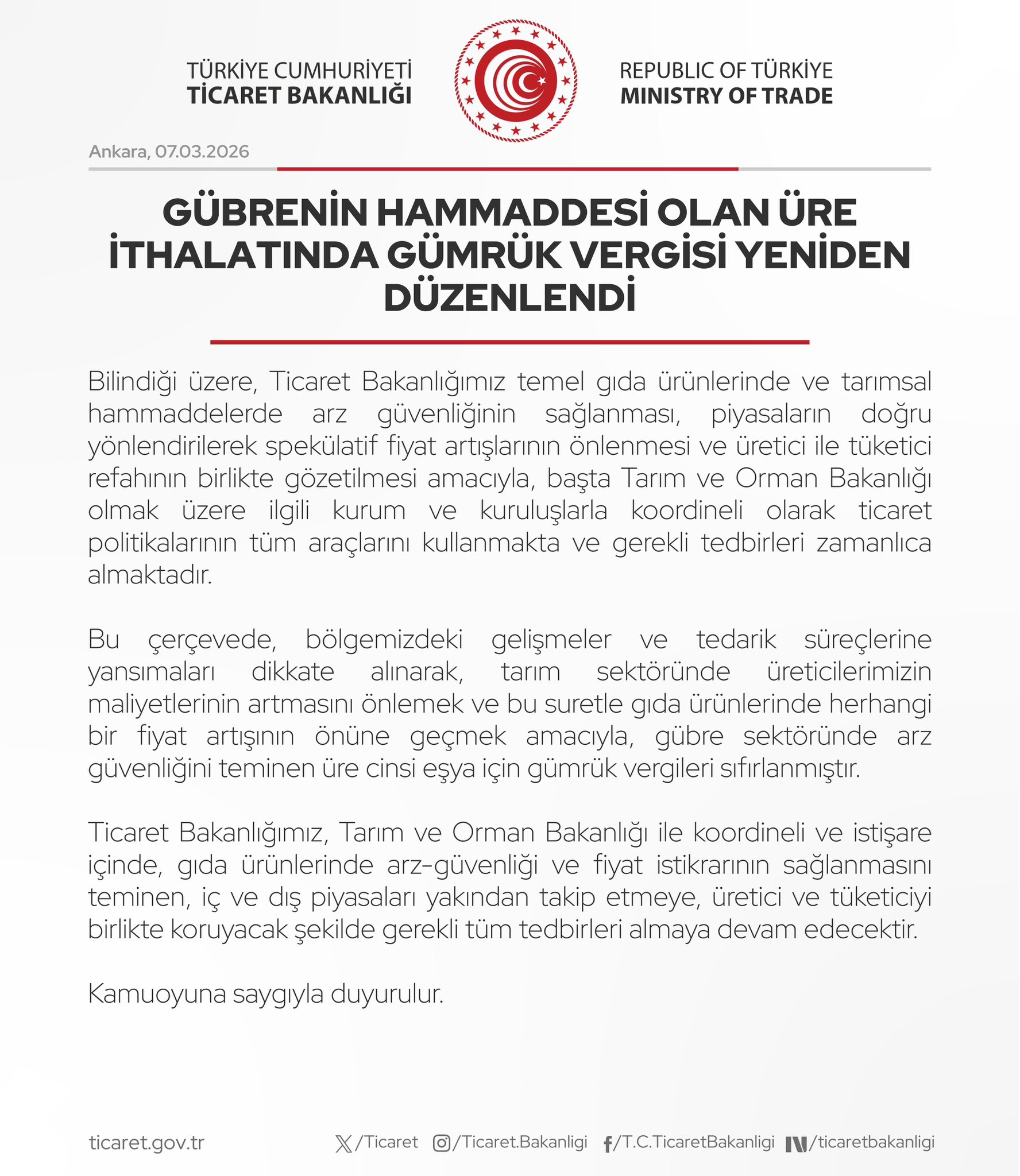 Üre İthalatında Gümrük Vergisi Değişikliği