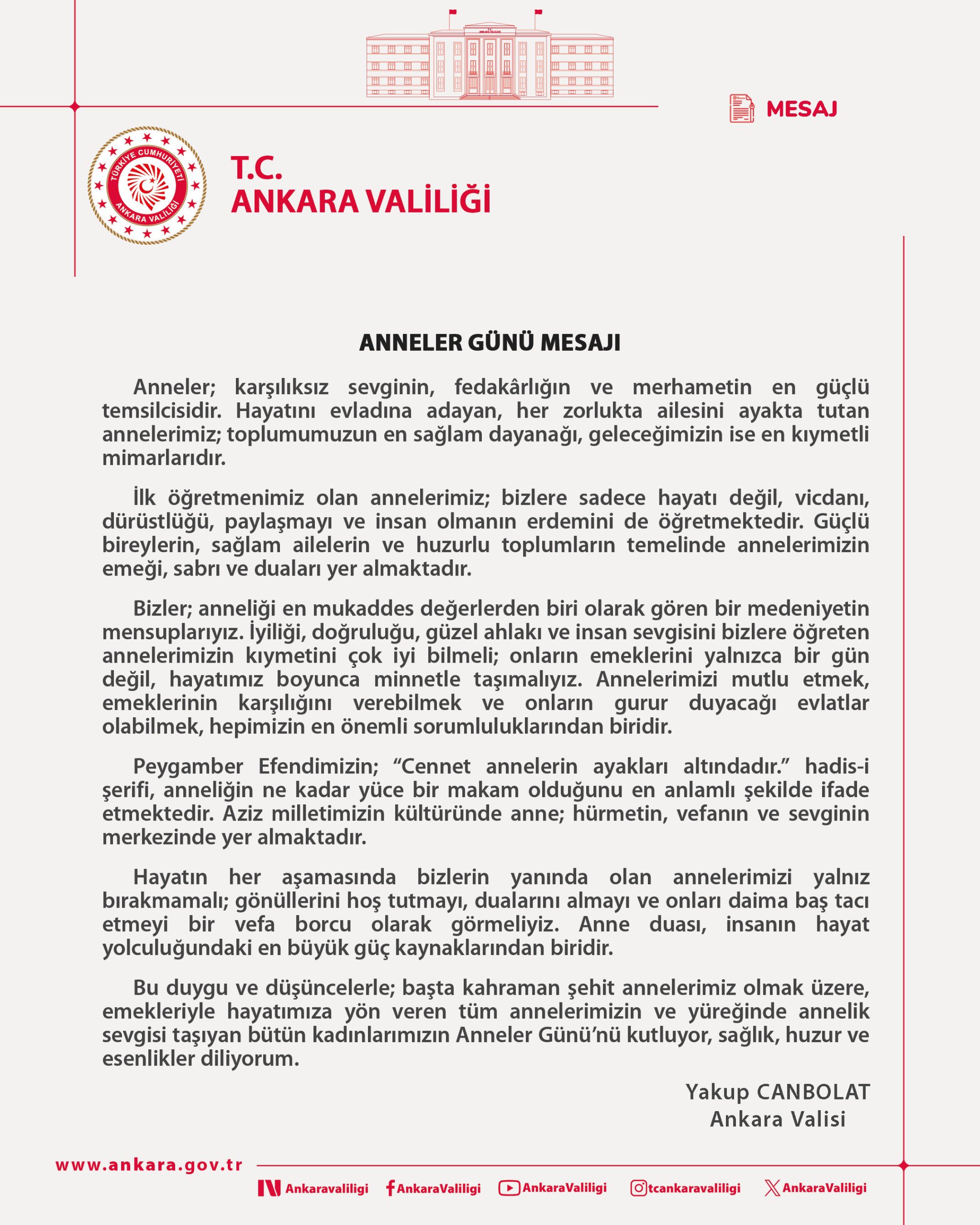 Vali Canbolat'tan Anneler Günü Mesajı