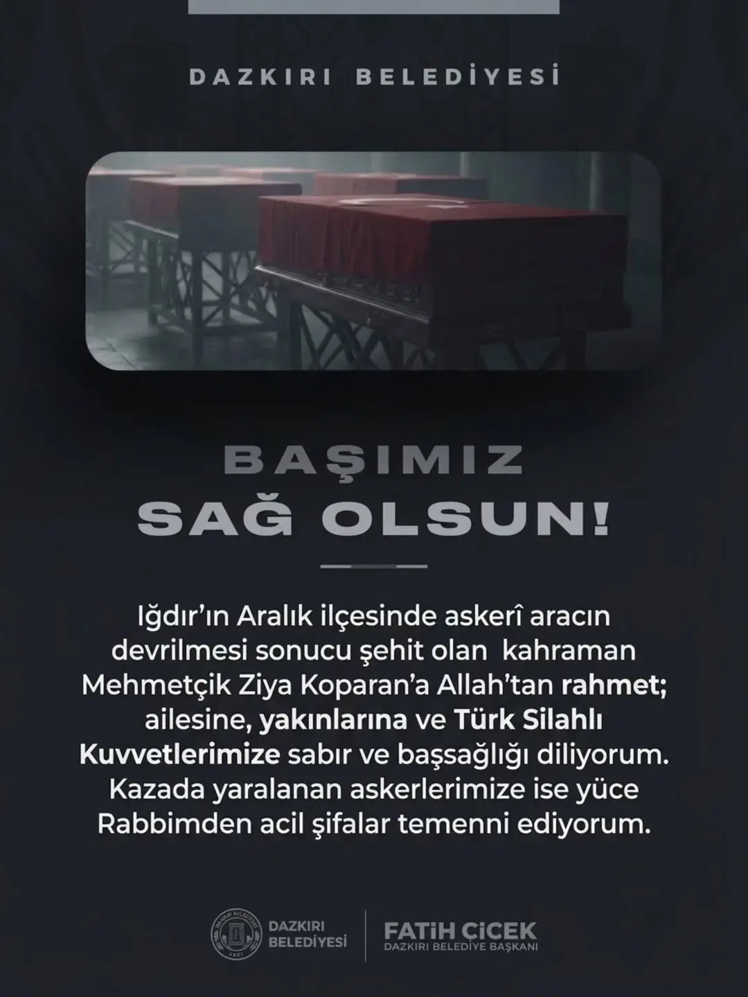 Dazkırı Belediye Başkanı Fatih Çiçek'ten Başsağlığı Mesajı