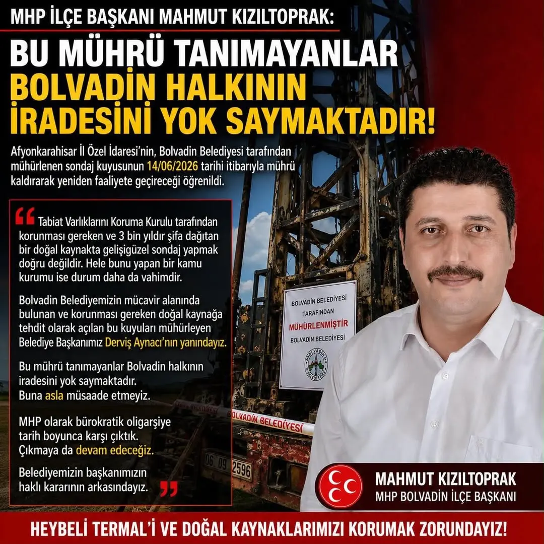 MHP İlçe Başkanı Kızıltoprak'tan Heybeli Termal Bölgesi'nde Mühürlenen Sondaj Kuyusu İle İlgili Sert Tepki