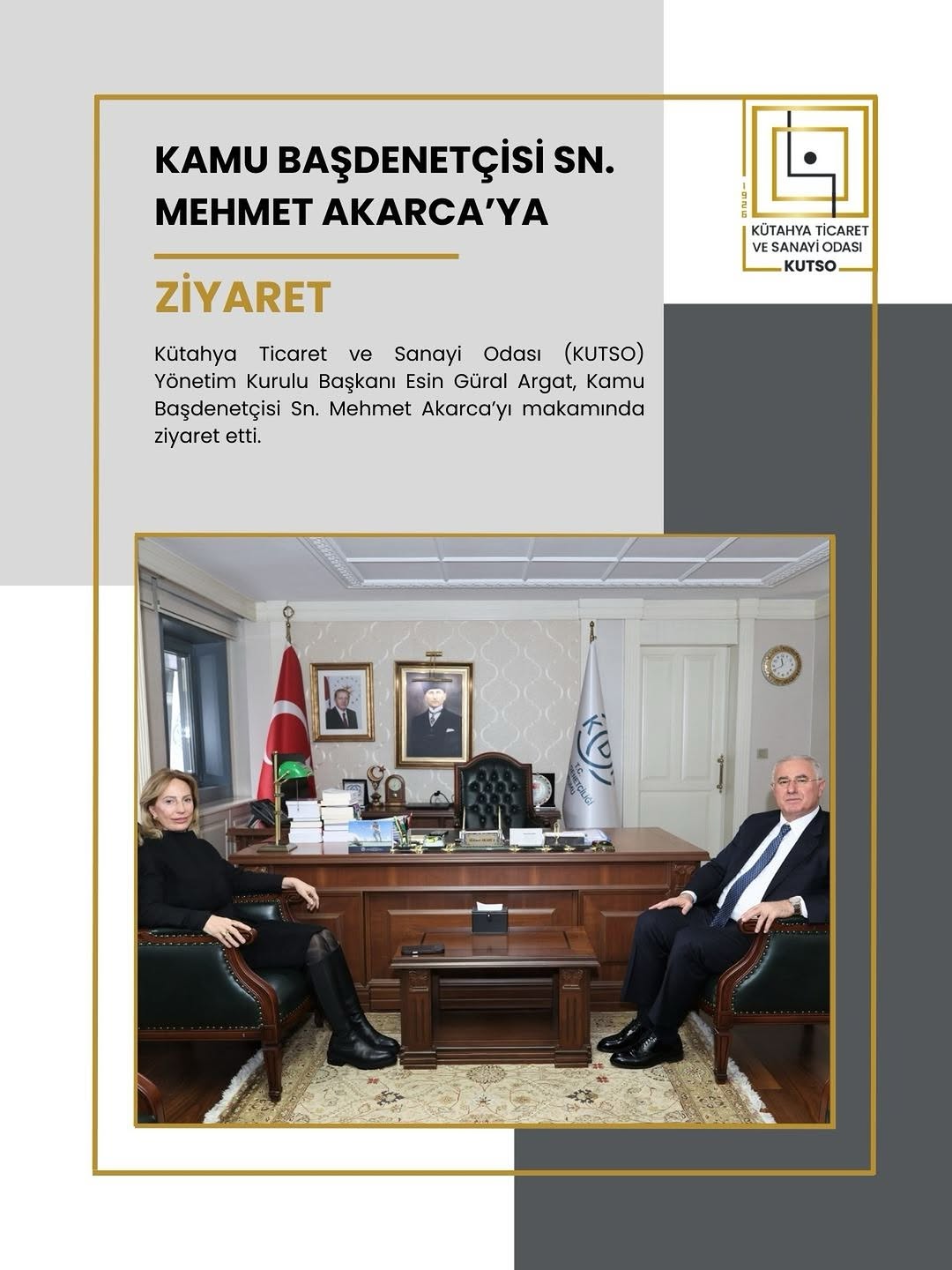 KUTSO Yönetim Kurulu Başkanı Esin Güral Argat, Kamu Başdenetçisi Mehmet Akarca'yı Ziyaret Etti